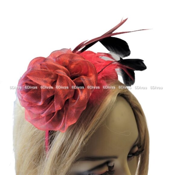 RED and Black Floral Headband Fascinator - Picture 1 of 9